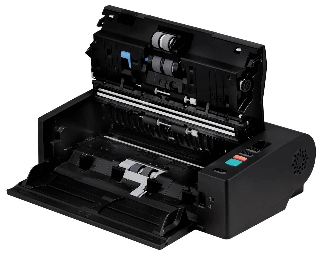 Offener schwarzer Scanner/Drucker mit angehobenenem Deckel, der interne Walzen und das Papierfach zeigt.
