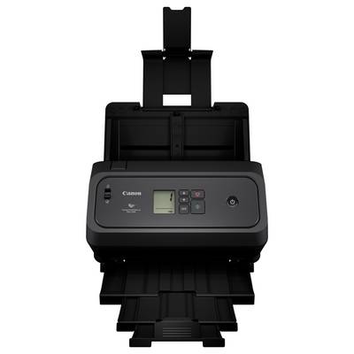 Canon Dokumentscanner mit automatischem Zuführungssystem, Vorderansicht, zeigt Bedienfeld, Ausgabefach und Papiereingabeschächte.