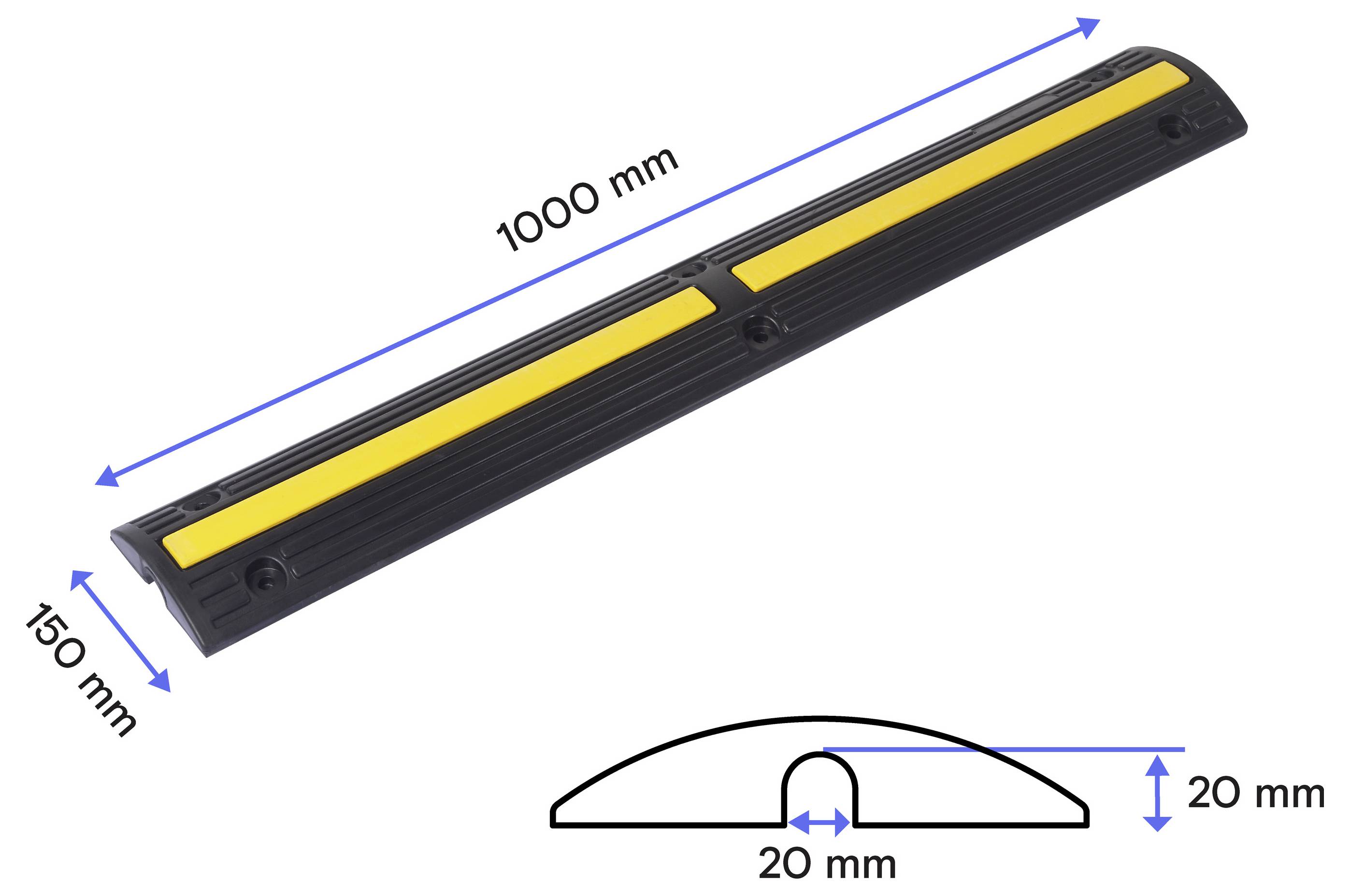 Schwarz-gelber Bodenschwelle mit Abmessungen: 1000 mm lang, 150 mm breit und 20 mm hoch; Seitenprofil zeigt zentrierte 20 mm Nut.