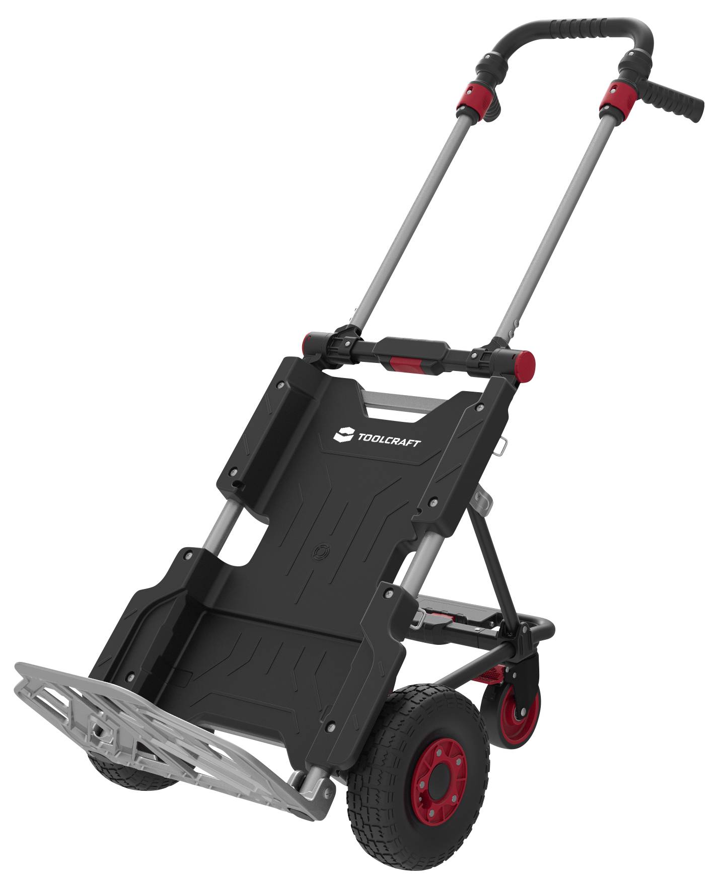 Ein schwarz-roter klappbarer Handwagen mit großen Hinterrädern, kleinen vorderen Lenkrollen und einer verlängerten Aluminium-Ladefläche, gezeigt auf weißem Hintergrund.