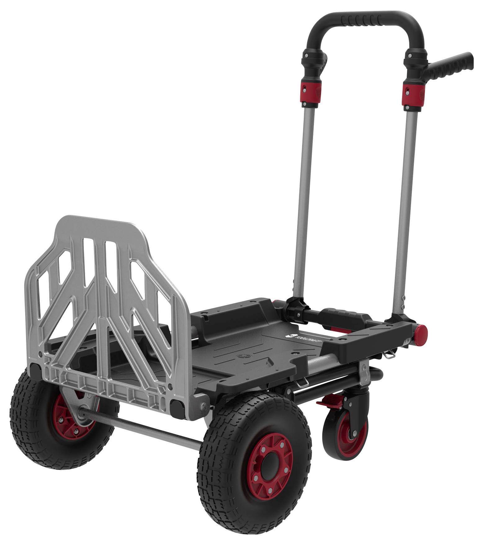 Zusammenklappbarer Handwagen mit Rädern, großen Geländereifen, roten Felgen und einer Metalladeadeplaatform mit aufrechtem Griff.