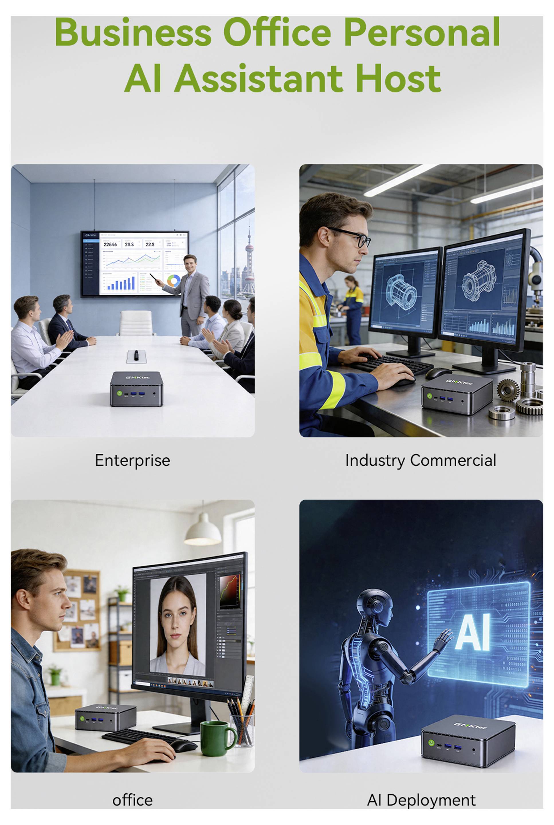 Vier-Panel-Werbung für "Business Office Personal AI Assistant Host" mit Unternehmensmeeting, gewerblicher Industriearbeitsstation, Office-Videoanruf und AI-Bereitstellungsroboter-Display.