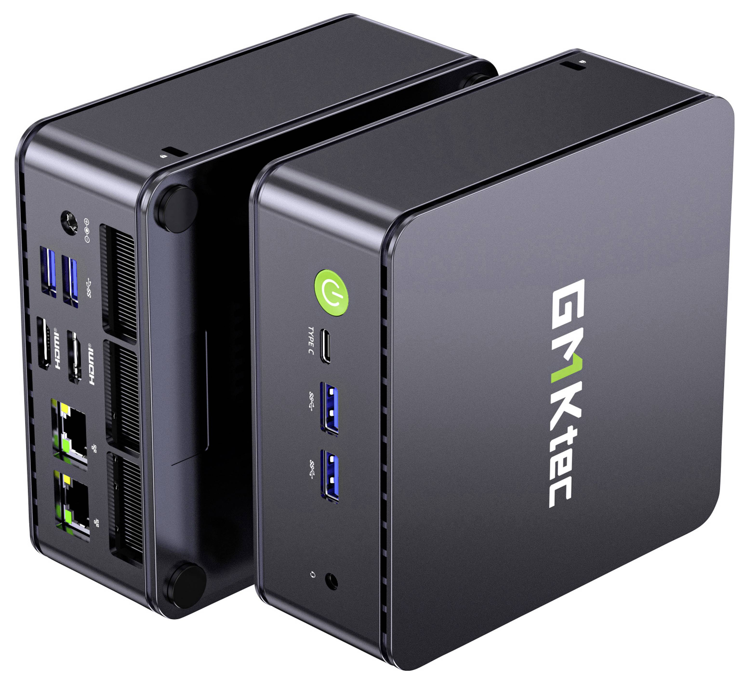 Zwei kompakte schwarze GMKtec Mini-PCs nebeneinander, einer frontal mit USB- und Netzwerkanschlüssen, der andere zeigt das GMKtec-Logo.