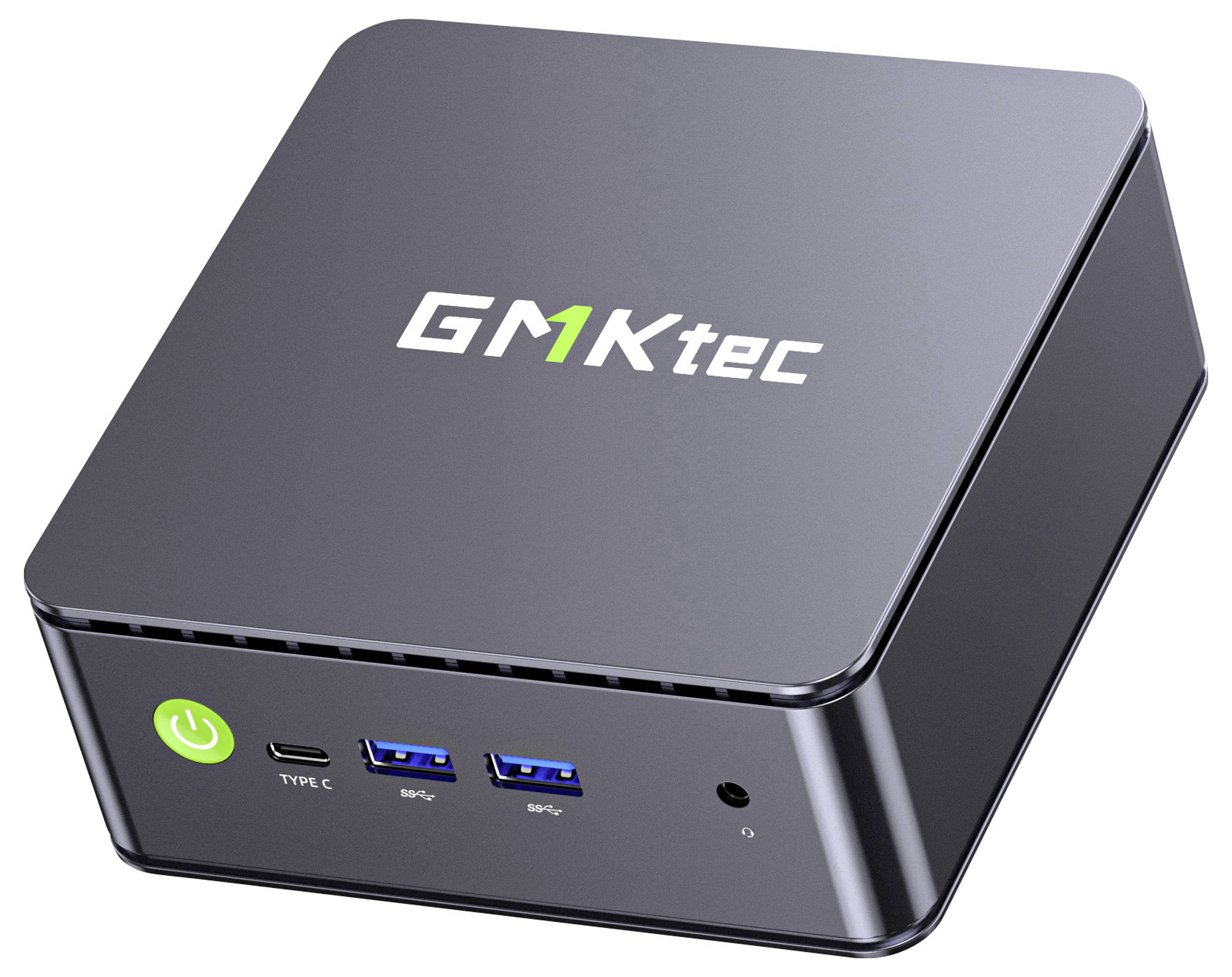 Kompakter GMKtec Mini-PC mit Netztaste, USB-C-Anschluss, zwei USB-A-Anschlüssen und Audiobuchse auf der Vorderseite.