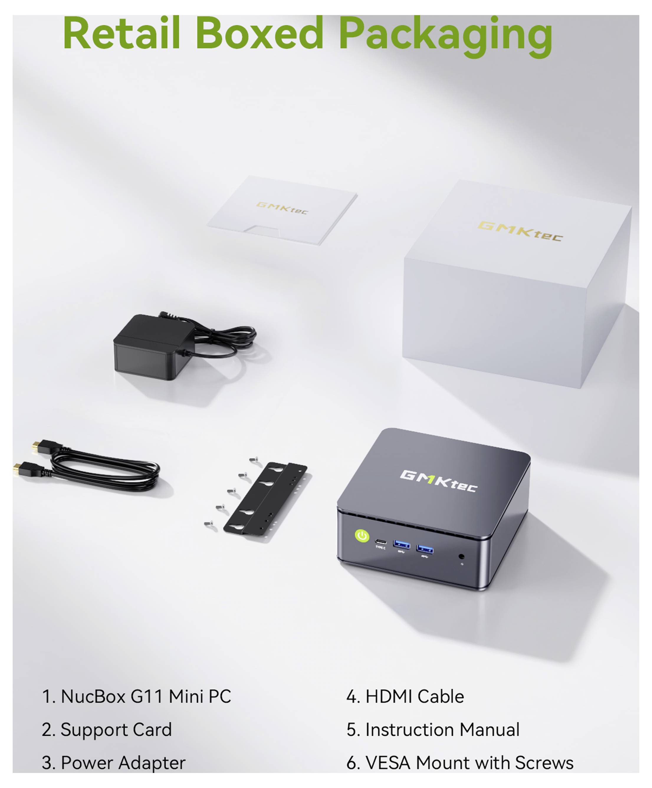 Einzelhandels-Boxverpackung für GMKtec NucBox G11 Mini-PC, mit dem Gerät, Box, Netzteil, HDMI-Kabel, Supportkarte, Handbuch und VESA-Halterung mit Schrauben.