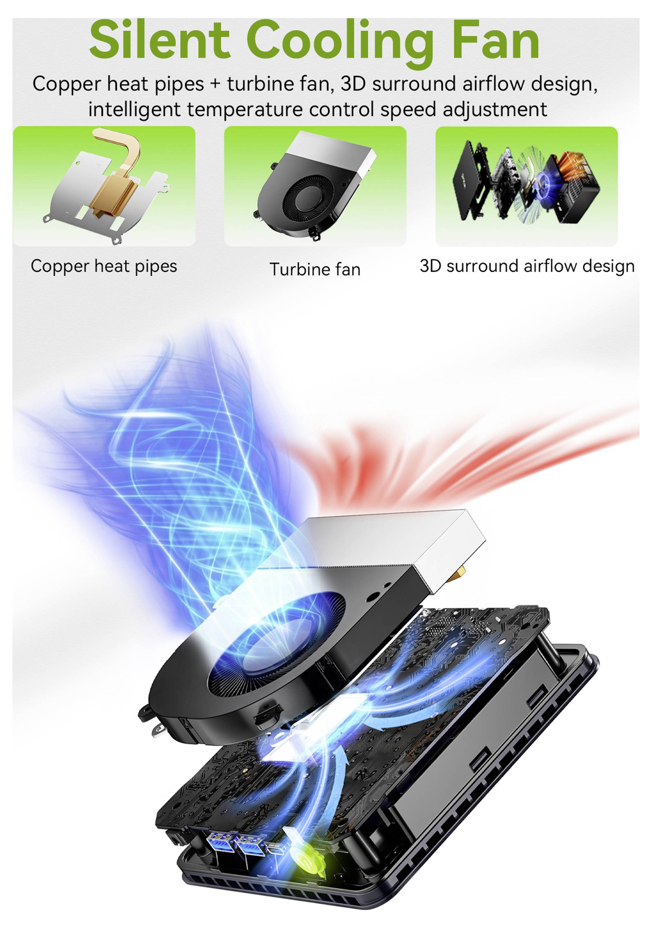 Werbegrafik für einen "Silent Cooling Fan" mit Kupferwärmerohen, Turbinenlüfter und 3D-Surround-Luftstromdesign um ein Laptop-Kühlsystem.