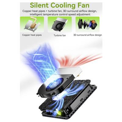 Werbegrafik für einen "Silent Cooling Fan" mit Kupferwärmerohen, Turbinenlüfter und 3D-Surround-Luftstromdesign um ein Laptop-Kühlsystem.
