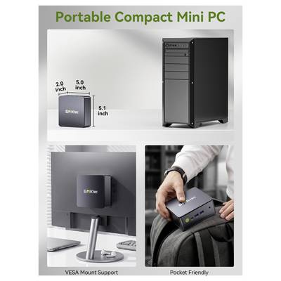 Werbegrafik für einen „tragbaren kompakten Mini-PC" mit Darstellung seiner geringen Größe, VESA-Montageunterstützung und taschenfreundlichen Tragbarkeit im Vergleich zu einem Desktop-Turm.