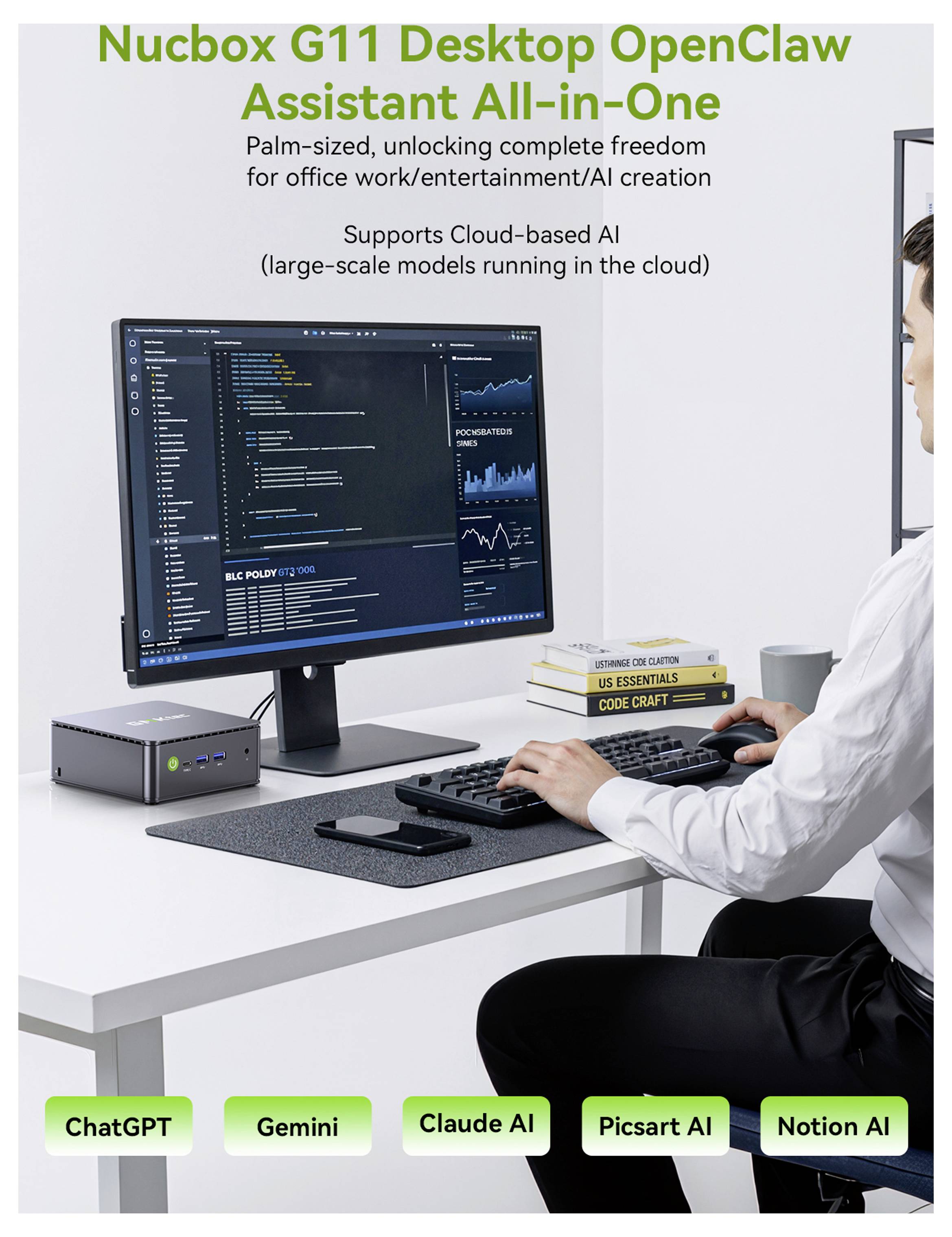 Werbebild einer Frau, die einen Nucbox G11 Desktop All-in-One-Computer nutzt, mit Text, der OpenClaw Assistant, Cloud-basierte KI-Unterstützung und Kompatibilität mit ChatGPT, Gemini, Claude AI, Picsart AI und Notion AI hervorhebt.