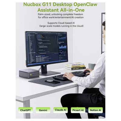 Werbebild einer Frau, die einen Nucbox G11 Desktop All-in-One-Computer nutzt, mit Text, der OpenClaw Assistant, Cloud-basierte KI-Unterstützung und Kompatibilität mit ChatGPT, Gemini, Claude AI, Picsart AI und Notion AI hervorhebt.