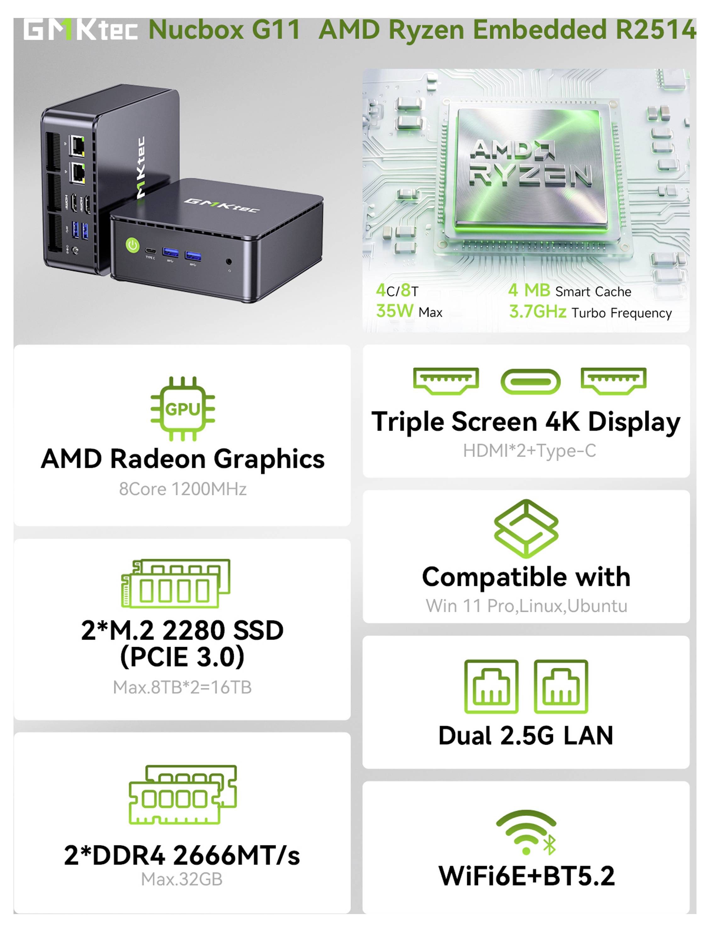 GMKtec Mini PC G11-2 AMD Ryzen™ Embedded R2514 16GB+1TB AMD Ryzen Embedded R2514 3.7 GHz 16 GB RAM 1 TB SSD AMD Radeon G-16