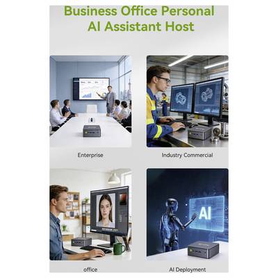 Vierfach-Plakat mit dem Titel „Business Office Personal AI Assistant Host" mit KI-Anwendungsfällen: Unternehmensmeeting, Industriearbeitsplatz, Office-Videoanruf und KI-Bereitstellungsroboter.