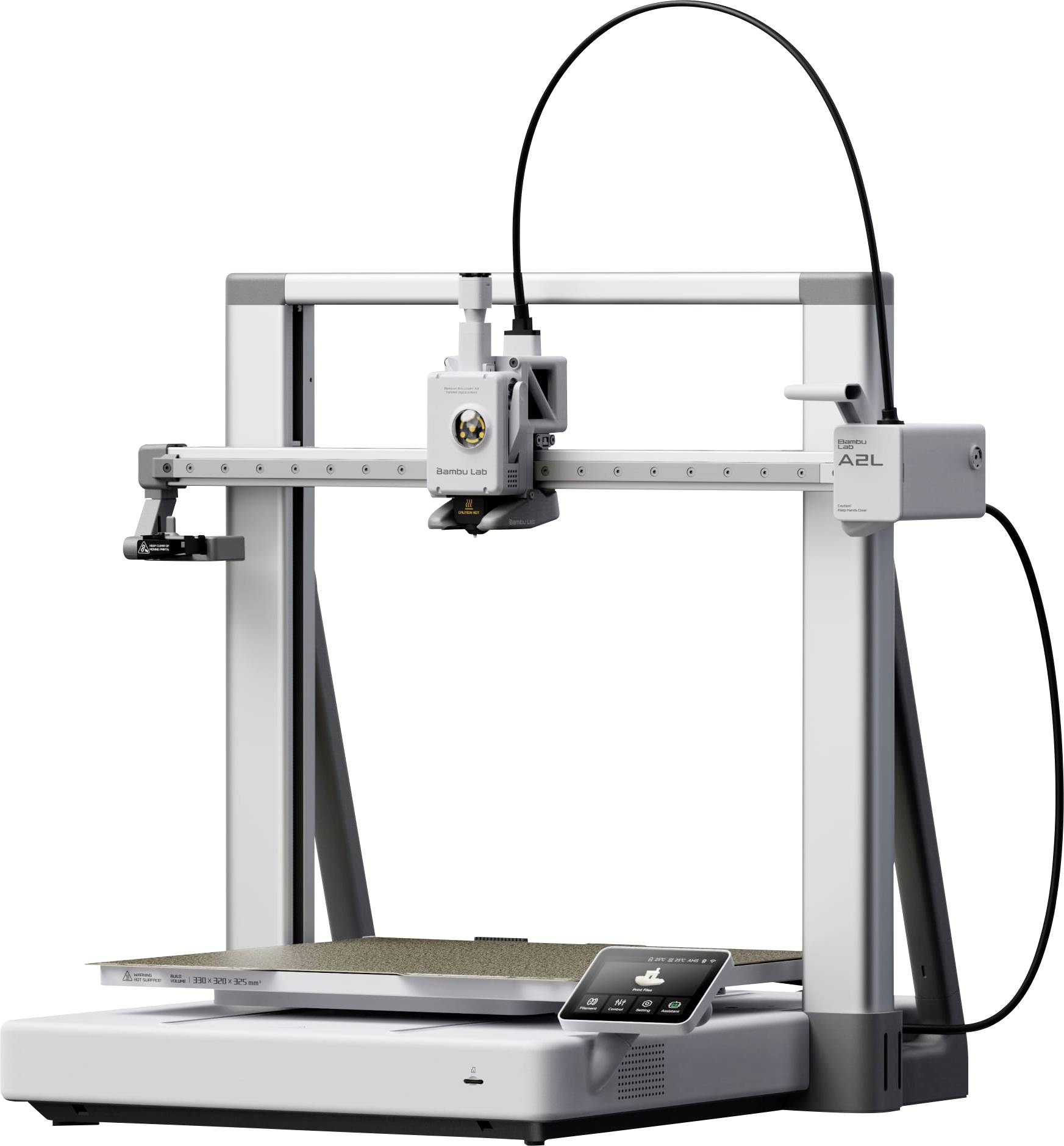 3D-Drucker mit einem Dual-Head-Portalsystem über einem Druckbett, das eine großformatige Druckmaschine auf weißem Hintergrund zeigt.