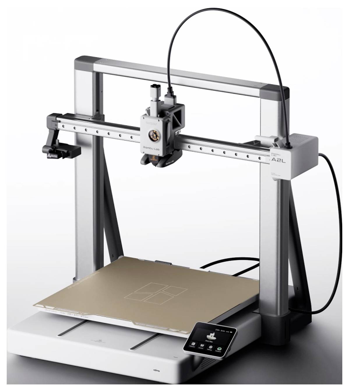 3D-Drucker mit einem teilweise gedruckten Objekt auf der Bauplattform, gezeigt mit einem Touchscreen-Bedienfeld und Kabel über Kopf.