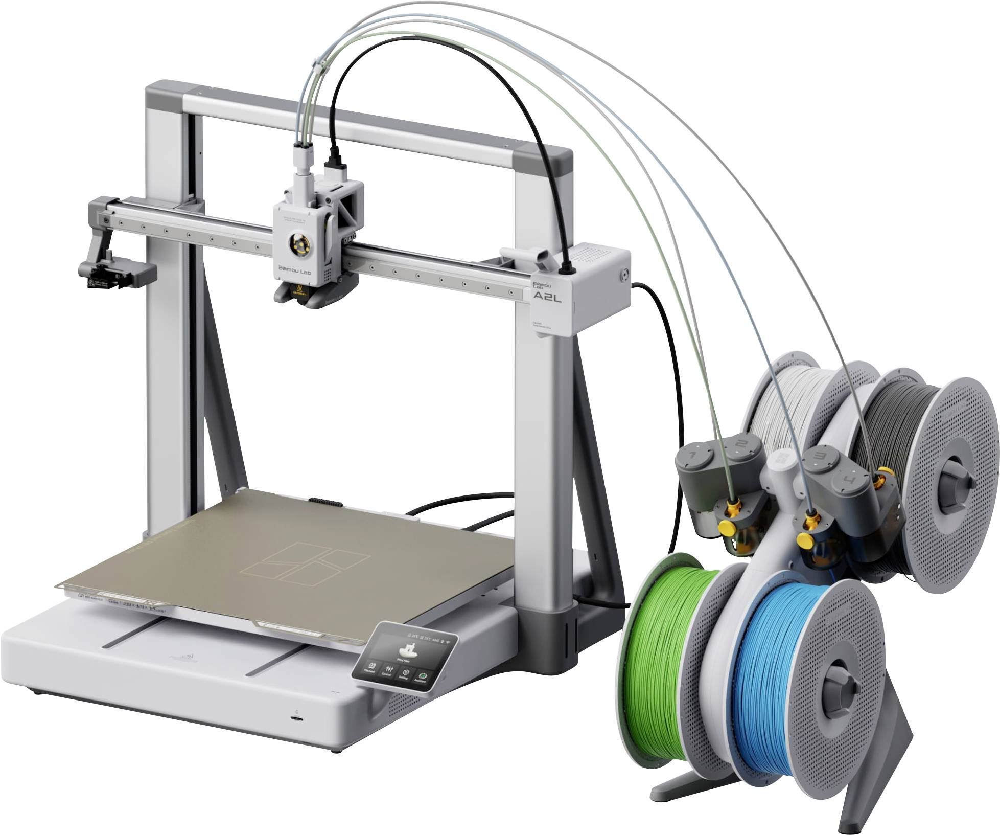 3D-Drucker mit Mehrfarben-Filament-System und mehreren Spulen, die den Druckkopf speisen.