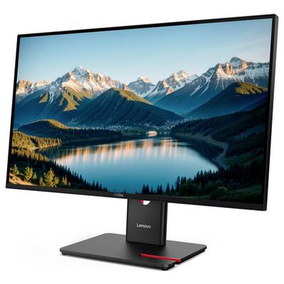 Lenovo-Monitor, der eine malerische Bergseenlandschaft anzeigt, auf einem schwarzen Ständer vor weißem Hintergrund.
