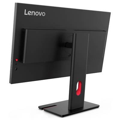 Rückansicht eines Lenovo-Desktop-Monitors auf einem Ständer, die Rückanschlüsse und einen roten Netzschalter auf der linken Seite zeigt.
