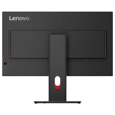Rückansicht eines Lenovo-Monitors auf einem Ständer mit einer zentralen Stützstütze und rotem Netzschalter unten links.