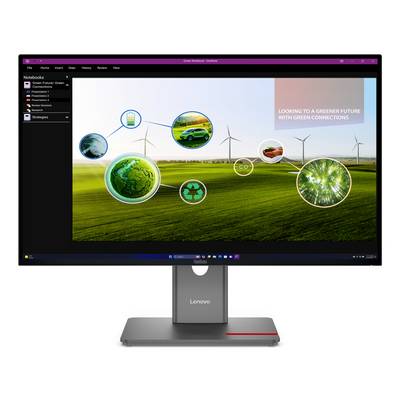 Lenovo-Monitor, auf dem eine Präsentation zur grünen Energie mit Windkraftanlagen, Ökosymbolen und dem Text „LOOKING TO A GREENER FUTURE WITH GREEN CONNECTIONS" (Blick auf eine grünere Zukunft mit grünen Verbindungen) angezeigt wird.