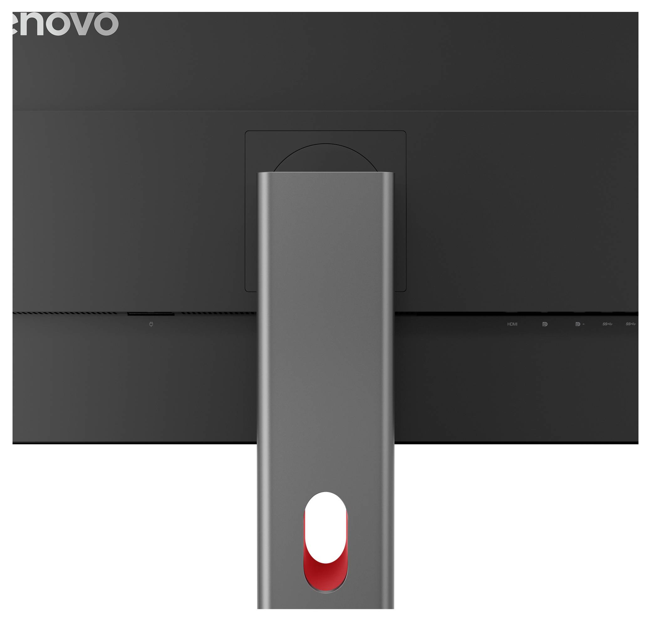 Rückseite eines Lenovo-Monitors mit einem zentralen Ständer und einer Kabelorganisationsklammer in der Nähe der Basis.