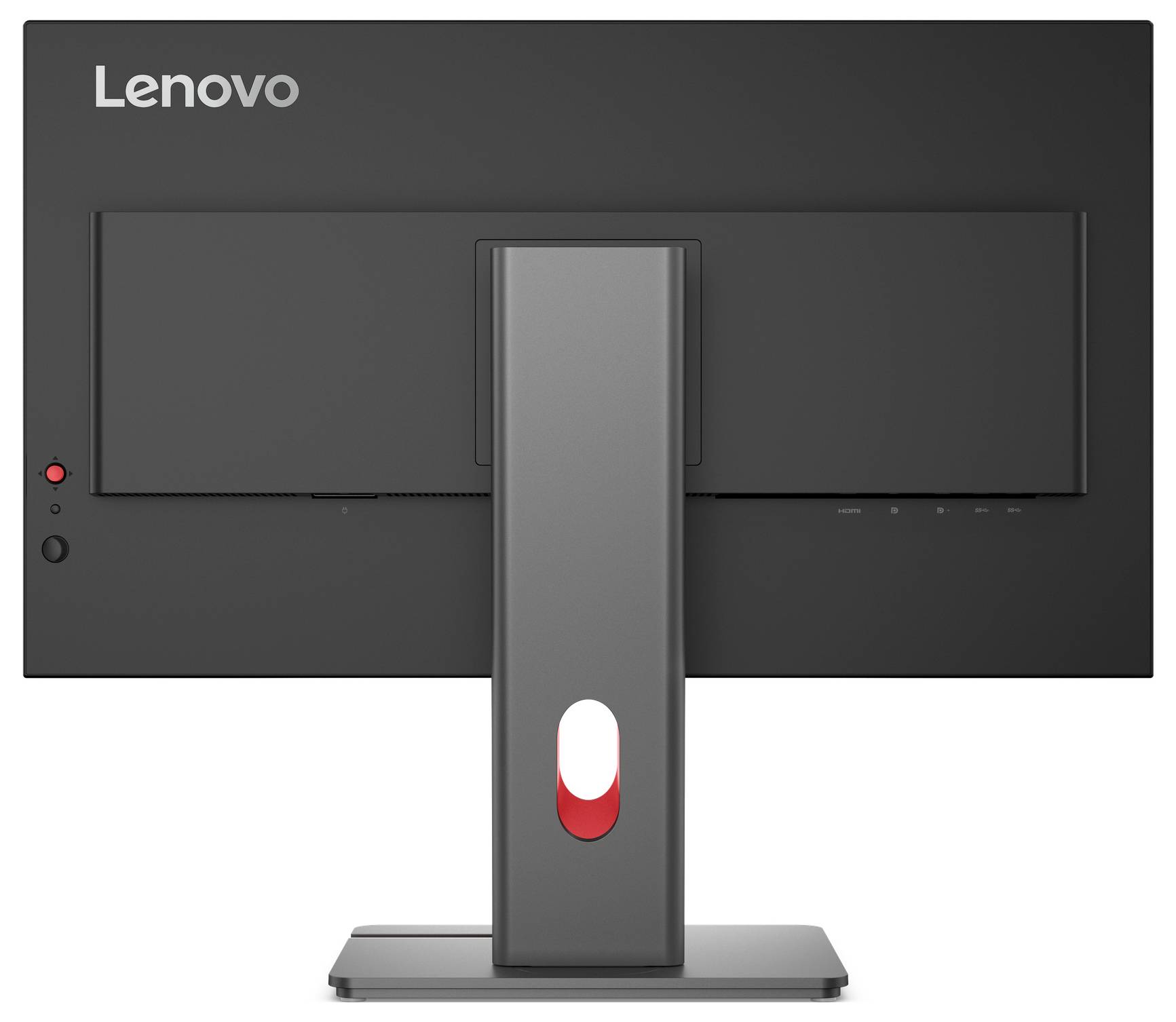 Rückansicht eines Lenovo-Desktop-Monitors auf einem Ständer, die die Rückwand, den Ein-/Ausschalter und den Bereich für die Kabelführung zeigt.