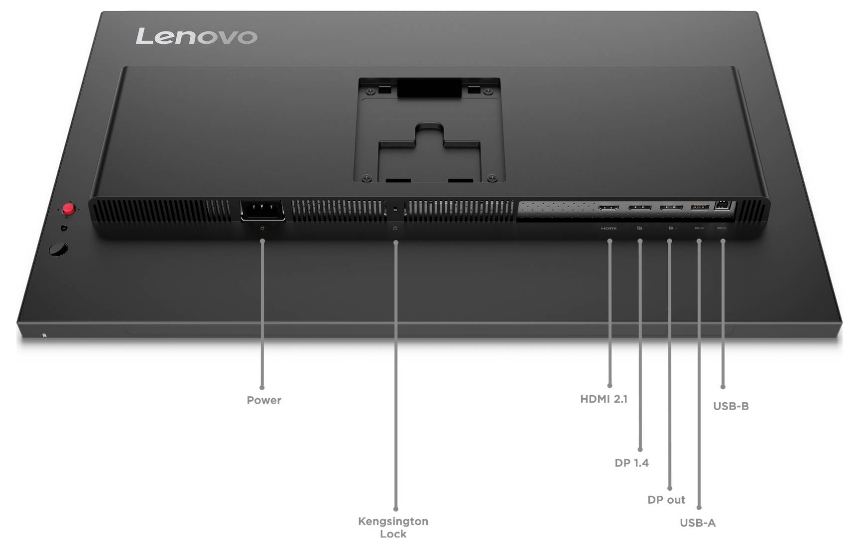 Rückansicht einer Lenovo-Monitor-Dockingstation mit beschrifteten Anschlüssen: Stromversorgung, Kensington-Schloss, HDMI 2.1, DisplayPort 1.4 Ein- und Ausgang, USB-A und USB-B.