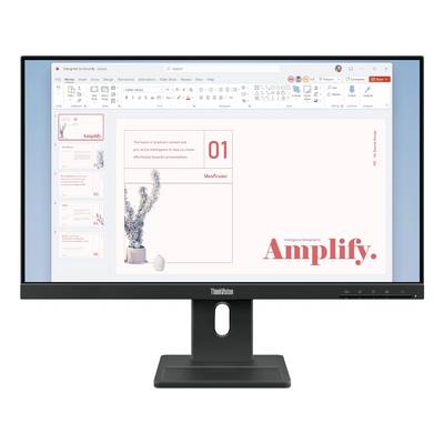 Ein Desktop-Monitor zeigt einen Präsentationseditor mit Folienminiaturen, einer ausgewählten Titelfolie und dem Wort "Amplify." prominent auf der Arbeitsfläche.