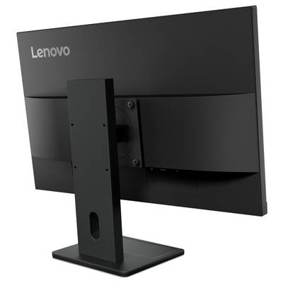 Rückansicht eines Lenovo-Desktop-Monitors auf einem Ständer, die das Rückenelement und den Kabelorganisationsbereich zeigt.