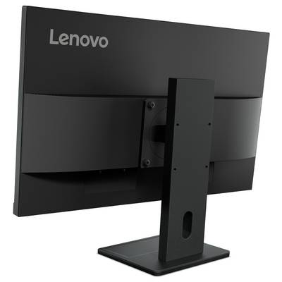 Rückansicht eines Lenovo-Desktopmonitors auf einem Ständer, der die Rückplatte und die Befestigungshalterung zeigt.