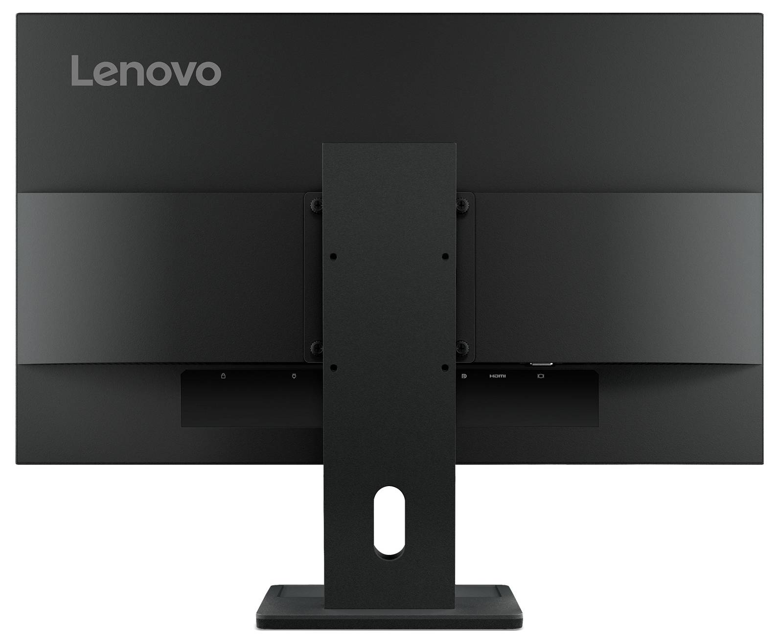 Rückansicht eines Lenovo-Computermonitors auf einem Ständer, die die Rückseite und den Kabelorganisationsschlitz zeigt.