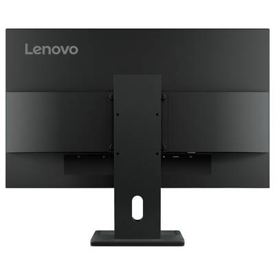 Rückansicht eines Lenovo-Computermonitors auf einem Ständer, die die Rückseite und den Kabelorganisationsschlitz zeigt.