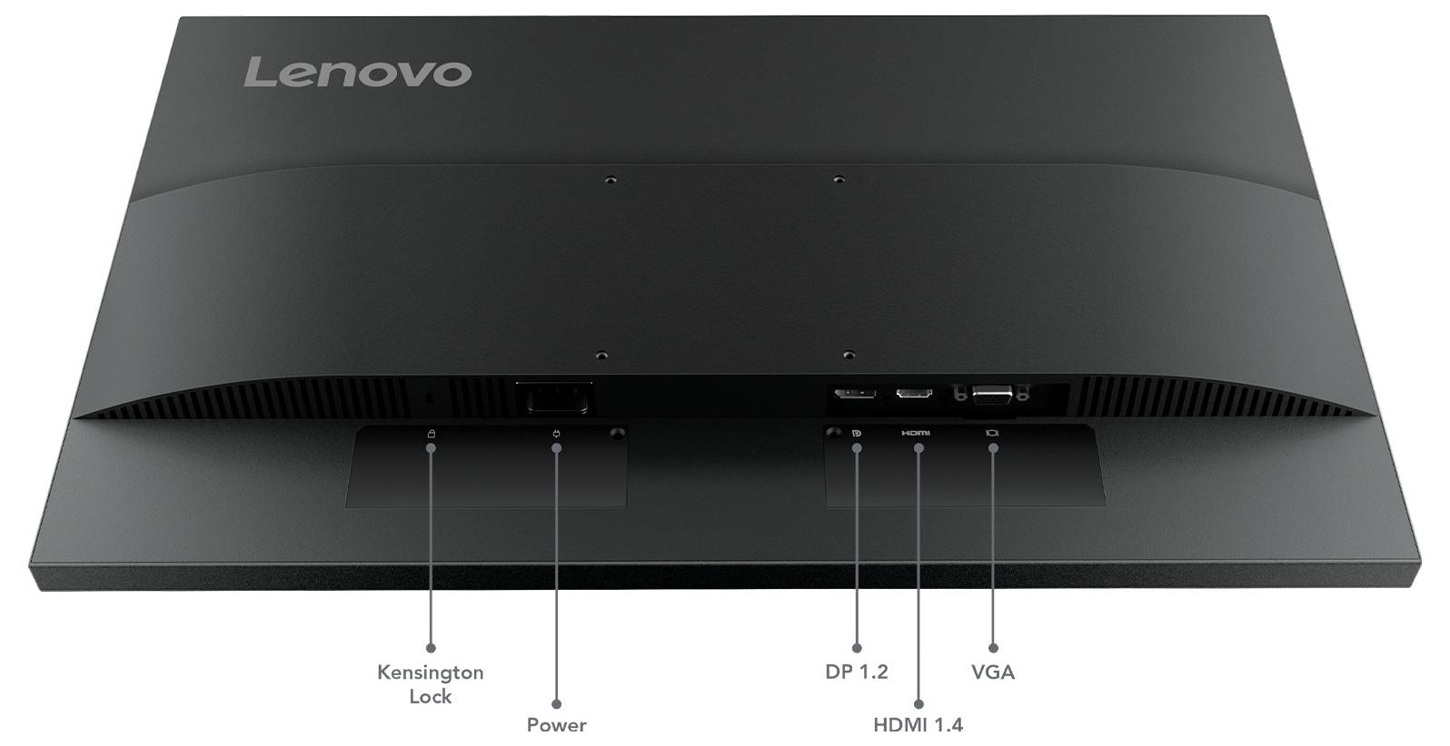 Rückansicht eines Lenovo-Monitors mit Anschlüssen und Beschriftungen für Kensington Lock, Power, DP 1.2, HDMI 1.4 und VGA.