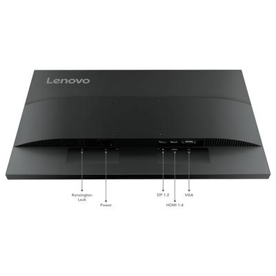 Rückansicht eines Lenovo-Monitors mit Anschlüssen und Beschriftungen für Kensington Lock, Power, DP 1.2, HDMI 1.4 und VGA.