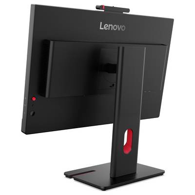 Rückansicht eines Lenovo-Monitors mit Anschlüssen und Beschriftungen: Stromversorgung, Kensington-Schloss, DP 1.2, HDMI 1.4, VGA, USB-B und USB-A.
