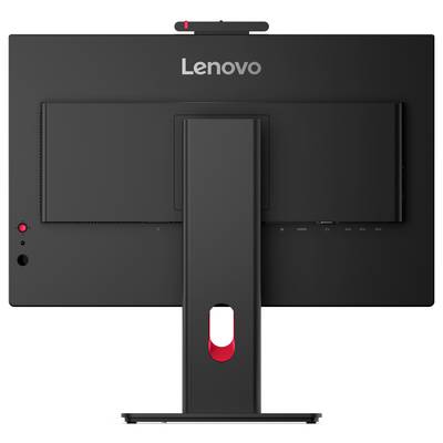 Rückansicht eines Lenovo-Monitors mit zentralem Standfuß und integrierter Kabelführungsöffnung mit roten Akzenten.