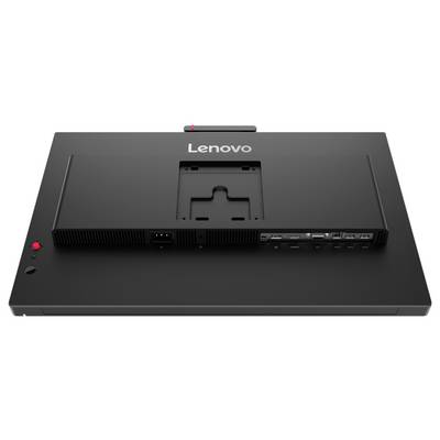 Rückansicht eines Lenovo-Monitors auf seinem Ständer, mit sichtbarem VESA-Montagebreich, Stromversorgungs- und Eingabeanschlüssen sowie physischen Steuertasten.
