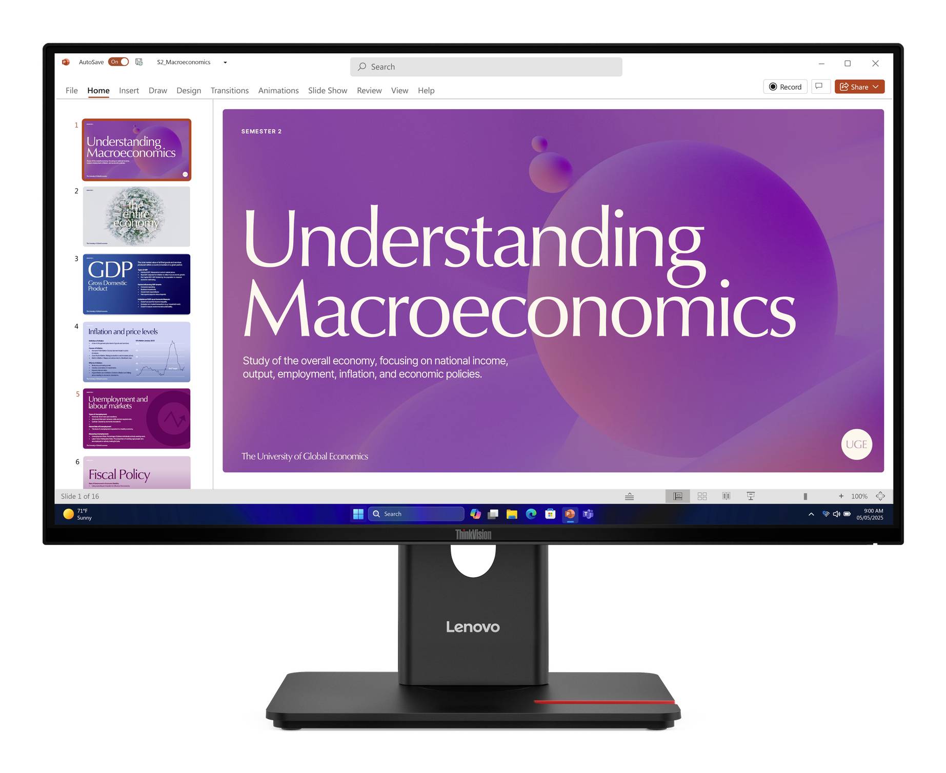 Ein Lenovo-Monitor zeigt eine PowerPoint-Folie mit dem Titel "Understanding Macroeconomics" (Makroökonomie verstehen) mit violetten abstrakten Kreisen und einer Miniaturansichtsliste auf der linken Seite.