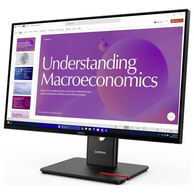 Ein Computermonitor zeigt eine Präsentationsfolie mit dem Titel "Understanding Macroeconomics" (Verständnis der Makroökonomie) mit einem violetten Farbverlauf im Hintergrund und Folienminiaturen auf der linken Seite an.