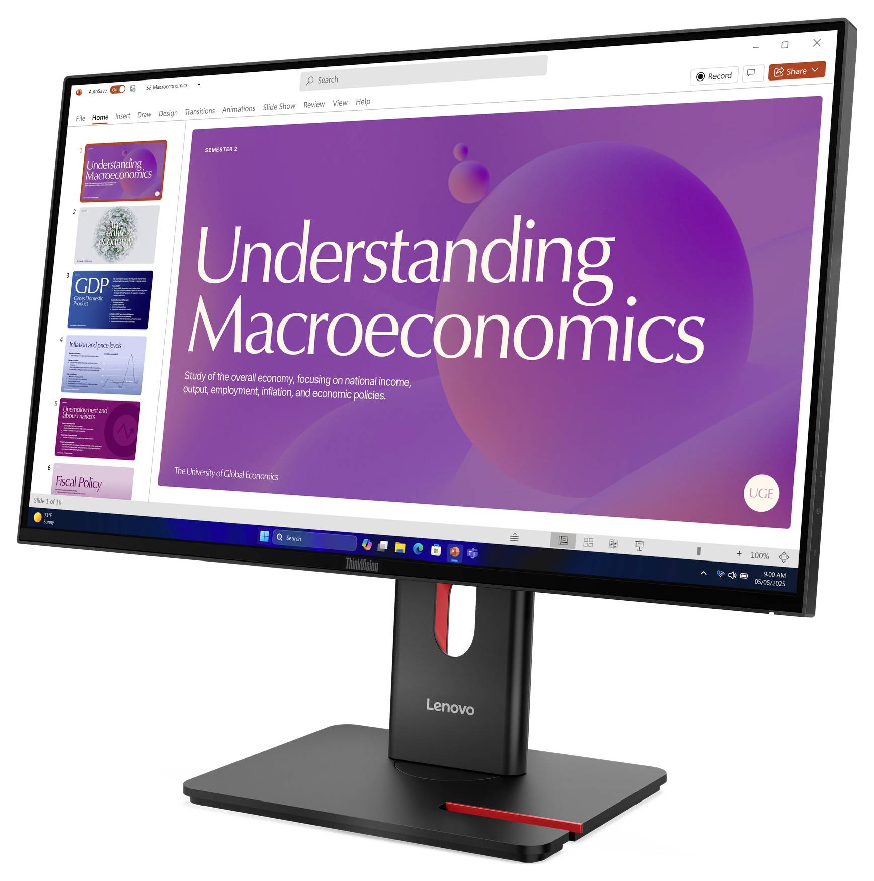 Lenovo-Monitor, der eine Präsentationsfolie mit dem Titel "Understanding Macroeconomics" (Makroökonomie verstehen) mit lila Grafiken und einer linken Seitenleiste mit Folienminiaturansichten anzeigt.