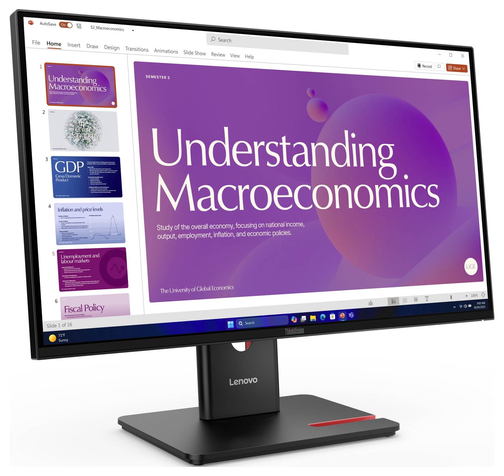 Ein Lenovo-Monitor zeigt eine Präsentationsfolie mit dem Titel „Understanding Macroeconomics" (Verständnis der Makroökonomie) mit einem violetten Farbverlaufshintergrund und Folienminiaturansichten auf der linken Seite an.