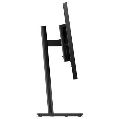 Seitenansicht eines schwarzen Computermonitors auf einem Ständer, der das schlanke Display, die hinteren Lüftungsöffnungen und den Sockel zeigt.