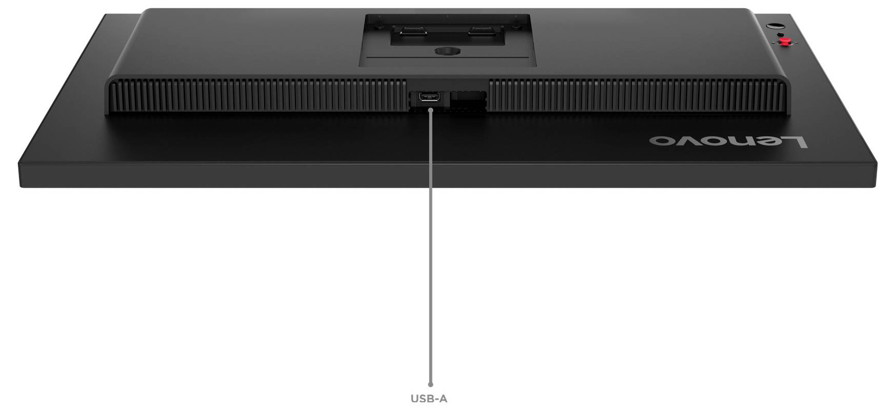Rückansicht eines Lenovo-Monitors mit einem zentrierten USB-A-Anschluss, an dem ein Kabel angeschlossen ist, und der Bezeichnung „USB-A" darunter.