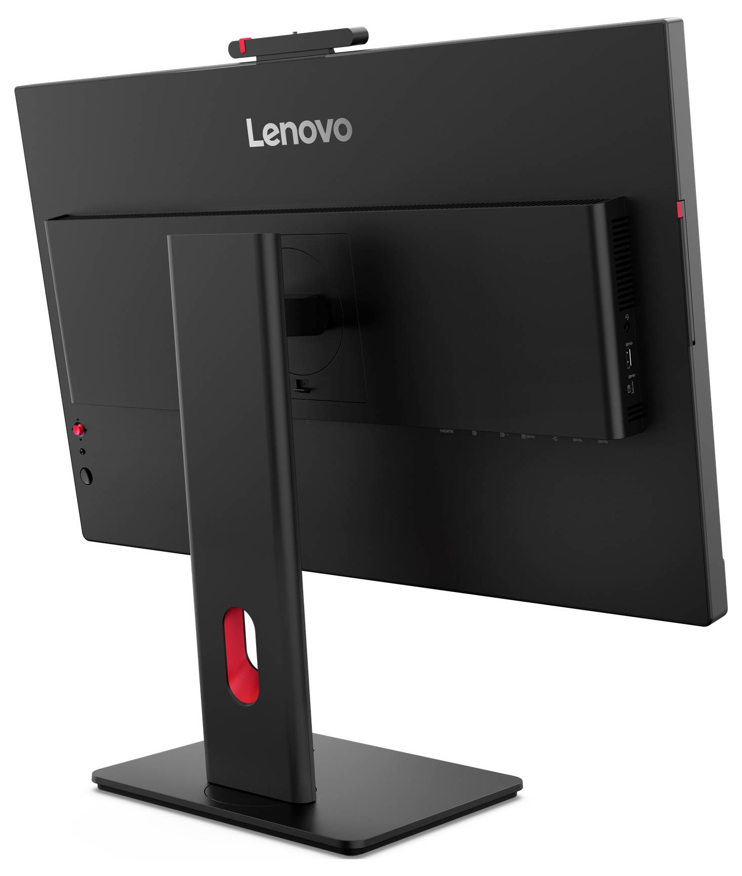 Rückansicht eines Lenovo All-in-One-Monitors auf einem Ständer, zeigt die Rückwand, den Anschlussbereich und die Webcam oben.