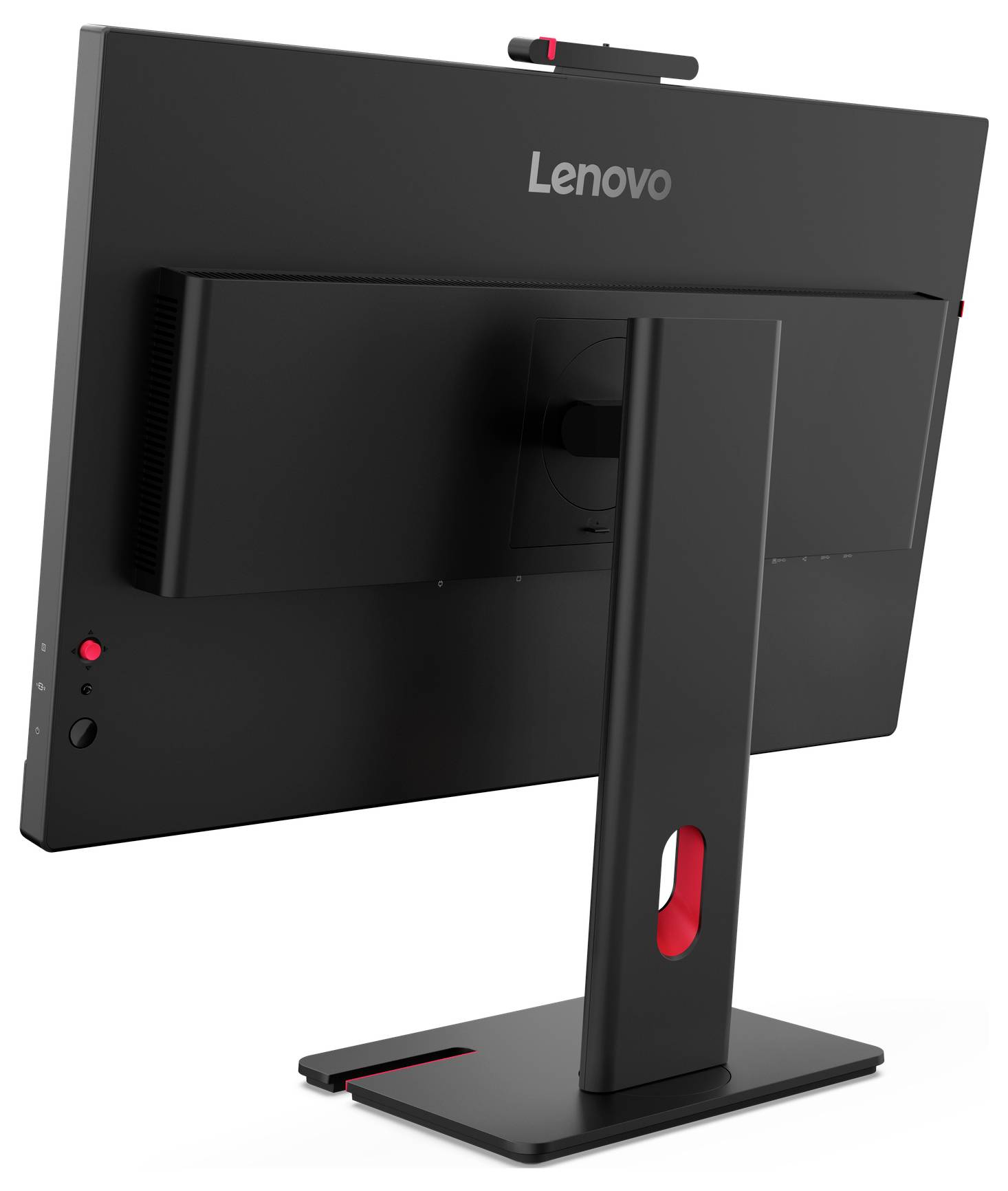 Rückansicht eines Lenovo-Desktop-Monitors mit einer Webcam oben und einem schwarzen Ständer mit roten Akzenten auf weißem Hintergrund.