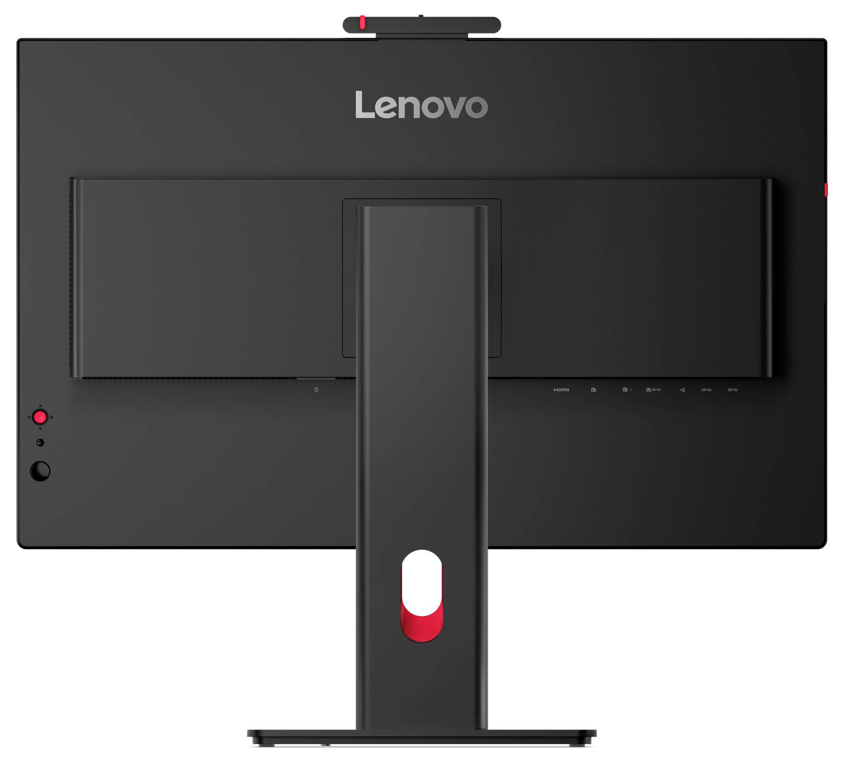 Rückansicht eines Lenovo-Desktopmonitors auf einem Ständer, zeigt die Rückplatte, Anschlüsse, Netzschalter und die Kabelführungsöffnung.