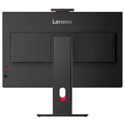 Rückansicht eines Lenovo-Desktopmonitors auf einem Ständer, zeigt die Rückplatte, Anschlüsse, Netzschalter und die Kabelführungsöffnung.