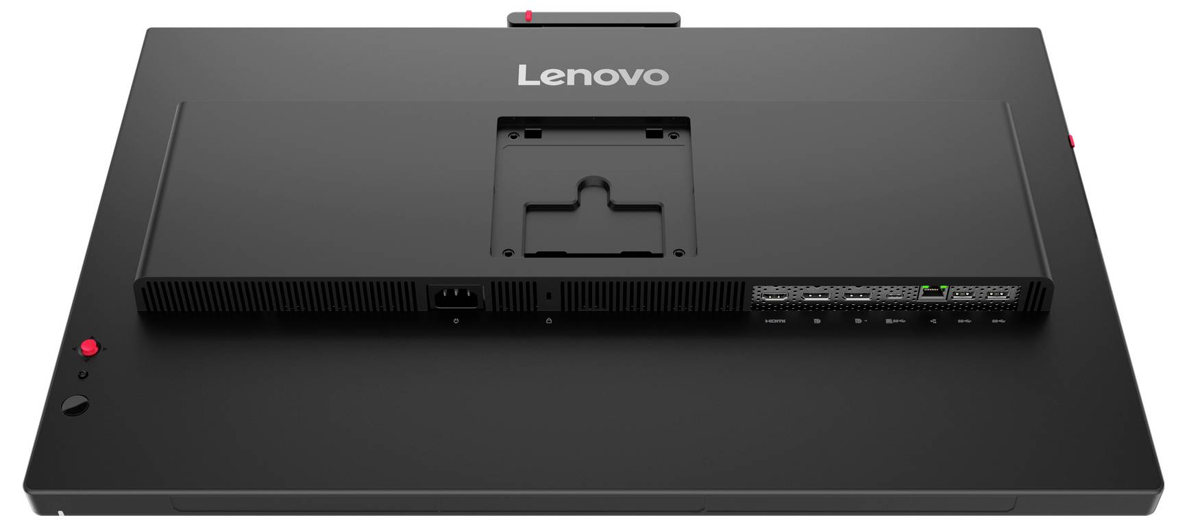 Rückansicht eines All-in-One-Monitors von Lenovo mit integrierten Anschlüssen, Lüftungsöffnungen und Standhalterung auf einer dunklen Tischplatte-Ausstellung.