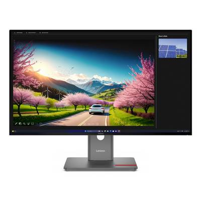 Lenovo-Monitor zeigt eine lebendige Landschaft eines Autos, das auf einer Straße durch rosa Kirschblüten in Richtung schneebedeckter Berge bei Sonnenaufgang fährt, mit einem kleinen "Nächste Folie"-Vorschaubild von Solarmodulen auf der rechten Seite.