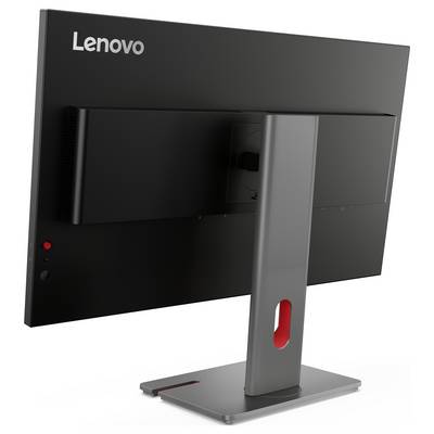 Rückansicht eines Lenovo-Desktop-Monitors mit grauem Ständer und Kabelmanagement-Slot auf weißem Hintergrund.