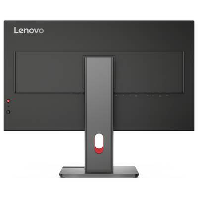 Rückansicht eines Lenovo-Monitors mit zentralem Ständer und roter Betriebsanzeige auf der dunkelglänzenden Displayrückseite.